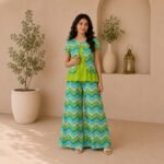Green Self-Print Top with Green and Blue Zig-zag Jacket and Green and Blue Zig-zag Palazzo