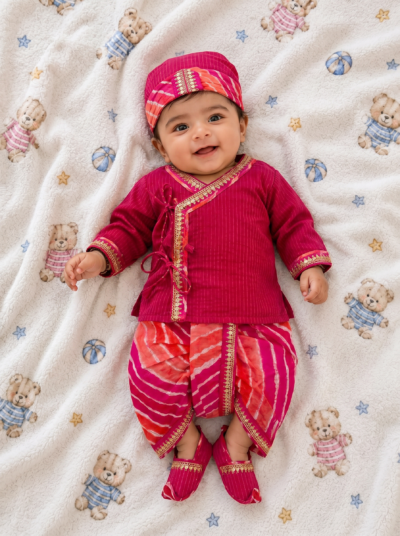 Boys Jamna Set - Pink Tagai Angarkha with Pink Leheriya Dhoti and Matching Jooti and Topi