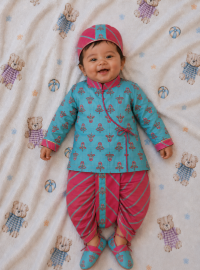 Boys Jamna Set - Ferozi Printed Angarkha with Pink Leheriya Dhoti and Matching Jooti  and Topi