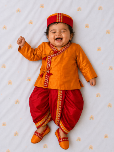 Boys Jamna Set - Orange PS Angarkha with Red PS Dhoti and Matching Jooti and Topi