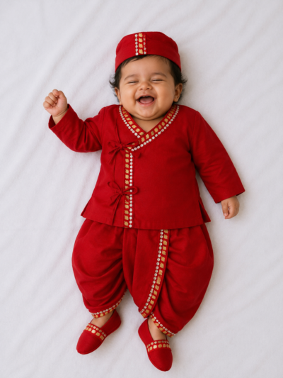 Boys Jamna Set - Red PS Angarkha with Red PS Dhoti and Matching Jooti and Topi