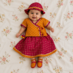 Girls Jamna Set - Orange Gold-Print Angarkha with Rani Gold-Print Ghagra and Matching  Jooti and Topi