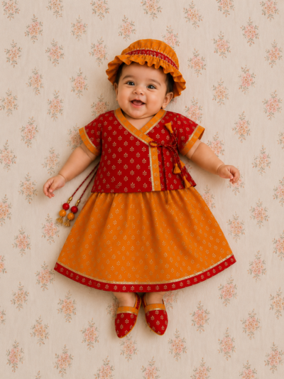 Girls Jamna Set - Red Gold-Print Angarkha with Orange Gold-Print Ghagra and Matching Jooti and Topi
