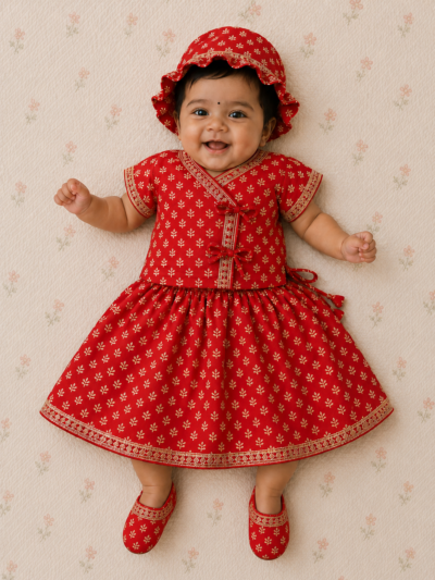 Girls Jamna Set - Red Gold-Print Angarkha with Red Gold-Print Ghagra and Matching Jooti and Topi