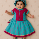 Girls Jamna Set - Rani Tagai and Leheriya Princess Cut Top with Ferozi Leheriya Ghagra and Matching Jooti and Topi