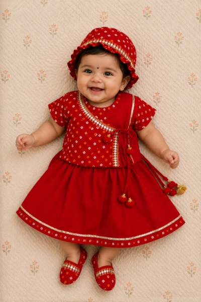 Girls Jamna Set - Red Bandhej and Tagai Angarkha with Red Cambric Ghagra and Matching Jooti and Topi
