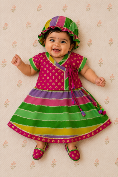 Girls Jamna Set - Rani Gold-Print Angarkha with Multi-Coloured Leheriya Georgette Ghagra  and Matching Jooti and Topi