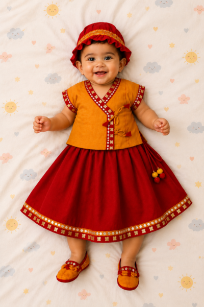 Girls Jamna Set - Orange PS Angarkha with Red PS Ghagra and Matching Jooti and Topi
